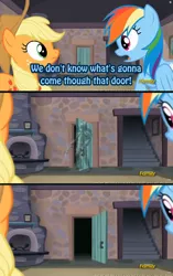 Size: 960x1528 | Tagged: safe, banned from derpibooru, deleted from derpibooru, derpibooru import, applejack, rainbow dash, the cutie map, exploitable meme, meme, obligatory pony, predator, that door