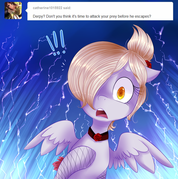 Size: 1476x1483 | Tagged: safe, artist:cyanocitta-blattidae, banned from derpibooru, deleted from derpibooru, derpibooru import, derpy hooves, lightning bolt, white lightning, alternate hairstyle, ask, bedeviled-derpy, bow, collar, exclamation point, fishnets, flower, hair bow, hair bun, hair over one eye, open mouth, rose, shocked, simple background, solo, spread wings, surprised, tumblr, wide eyes, wings