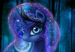 Size: 3700x2573 | Tagged: dead source, safe, artist:magnaluna, banned from derpibooru, deleted from derpibooru, derpibooru import, princess luna, alicorn, pony, awesome, bubble, bust, crown, epic, eye, eyes, fog, forest, jewelry, looking at you, moon, night, portrait, regalia, shading, solo, tree