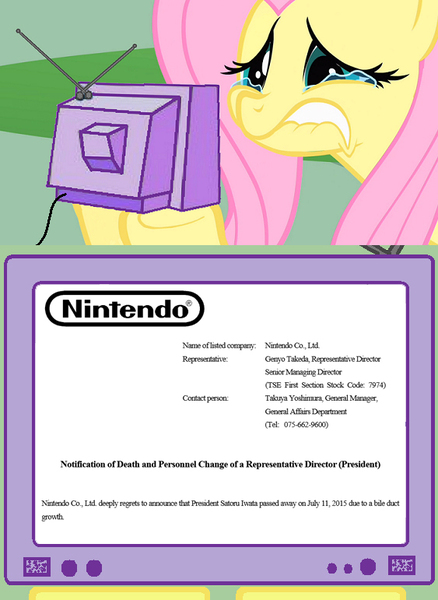 Size: 563x771 | Tagged: safe, banned from derpibooru, deleted from derpibooru, derpibooru import, fluttershy, crying, death, exploitable meme, meme, nintendo, obligatory pony, satoru iwata, tv meme