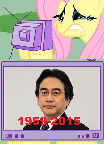 Size: 598x822 | Tagged: safe, banned from derpibooru, deleted from derpibooru, derpibooru import, fluttershy, crying, dead, exploitable meme, meme, news, nintendo, obligatory pony, sad, satoru iwata, tv meme