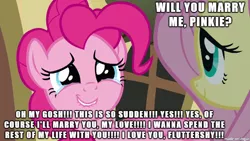 Size: 610x343 | Tagged: safe, banned from derpibooru, deleted from derpibooru, derpibooru import, fluttershy, pinkie pie, caption, engagement, female, flutterpie, image macro, lesbian, marriage, marriage proposal, meme, shipping, text, wat