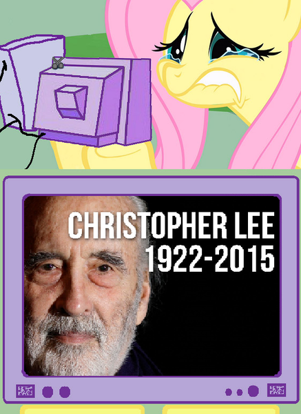 Size: 562x771 | Tagged: safe, banned from derpibooru, deleted from derpibooru, derpibooru import, fluttershy, christopher lee, exploitable meme, fluttercry, meme, obligatory pony, rest in peace, tv meme