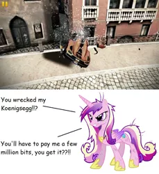 Size: 854x933 | Tagged: safe, artist:ngkq, banned from derpibooru, deleted from derpibooru, derpibooru import, princess cadance, agera r, angry, asphalt 8, asphalt 8: airborne, car, crash, crossover, koenigsegg, koenigsegg agera r, solo, wreck