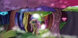 Size: 2064x1000 | Tagged: safe, artist:imarieu, banned from derpibooru, deleted from derpibooru, derpibooru import, fluttershy, forest, solo, surreal