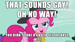 Size: 610x343 | Tagged: safe, banned from derpibooru, deleted from derpibooru, derpibooru import, pinkie pie, caption, image macro, jackass, mega64, meme, rapping, text