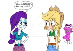 Size: 1023x722 | Tagged: safe, artist:resotii, banned from derpibooru, deleted from derpibooru, derpibooru import, applejack, rarity, human, equestria girls, belly button, blushing, female, front knot midriff, humanized, lesbian, midriff, rarijack, shipping, teasing, watermark