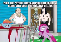 Size: 540x375 | Tagged: semi-grimdark, banned from derpibooru, deleted from derpibooru, derpibooru import, pinkie pie, rainbow dash, earth pony, human, pony, adult swim, aqua teen hunger force, bipedal, blood, carl, carl brutananadilewski, cartoon network, danzig, dead, decapitated, female, implied murder, knife, male, mare, pinkamena diane pie, psycho, severed head