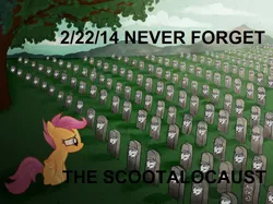 Size: 800x598 | Tagged: semi-grimdark, banned from derpibooru, deleted from derpibooru, derpibooru import, scootaloo, pony, cemetery, chickun, exploitable meme, faic, forced meme, funposting, graves, image, meme, png, scootalocaust, scootaloo's parents