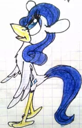 Size: 600x937 | Tagged: safe, artist:colossalstinker, banned from derpibooru, deleted from derpibooru, derpibooru import, rarity, anthro, bird, cyclops, solo, species swap, traditional art