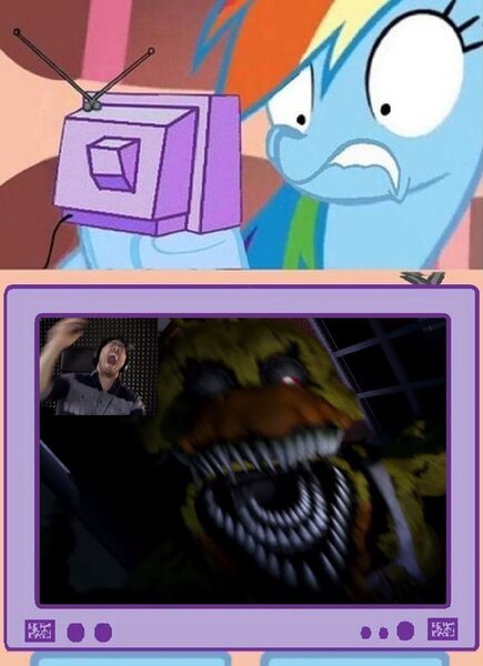 Size: 1024x1412 | Tagged: grimdark, banned from derpibooru, deleted from derpibooru, derpibooru import, rainbow dash, chica, crossover, exploitable meme, five nights at freddy's, five nights at freddy's 4, markiplier, meme, obligatory pony, scared, tv meme