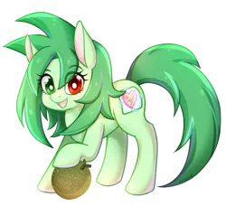 Size: 1145x1045 | Tagged: dead source, safe, artist:jumblehorse, banned from derpibooru, deleted from derpibooru, derpibooru import, oc, oc:vanna melon, unofficial characters only, pony, female, food, heterochromia, mare, melon, simple background, smiling, solo, transparent background