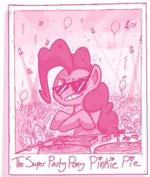 Size: 434x512 | Tagged: safe, artist:liquidrabbitz, banned from derpibooru, deleted from derpibooru, derpibooru import, pinkie pie, angry, crowd, flockmod, monochrome, pose, sunglasses, turntable