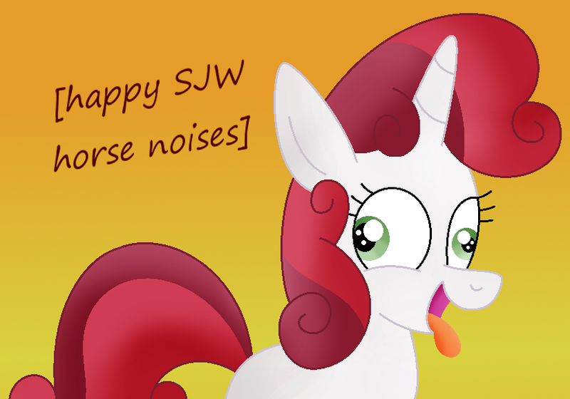 Size: 825x578 | Tagged: safe, artist:zoruaofepic, banned from derpibooru, deleted from derpibooru, derpibooru import, sweetie belle, derp, descriptive noise, fury belle, horse noises, meme, open mouth, smiling, social justice warrior, solo, tongue out