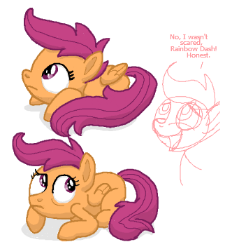 Size: 332x355 | Tagged: safe, artist:liquidrabbitz, banned from derpibooru, deleted from derpibooru, derpibooru import, scootaloo, female, flockmod, scared, solo