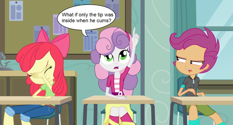 Size: 1545x832 | Tagged: questionable, artist:ohohokapi, banned from derpibooru, deleted from derpibooru, derpibooru import, edit, apple bloom, scootaloo, sweetie belle, equestria girls, classroom, desk, facepalm, implied foalcon, meme, school, sitting, stupid question, sweetie's question meme, sweetiedumb, young