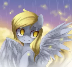 Size: 607x563 | Tagged: safe, artist:loyaldis, banned from derpibooru, deleted from derpibooru, derpibooru import, derpy hooves, crying, rain, sky, smiling, solo, underp, wet, wet mane