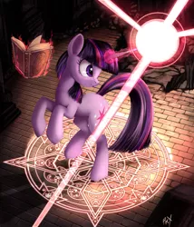 Size: 900x1050 | Tagged: safe, alternate version, artist:ponykillerx, banned from derpibooru, deleted from derpibooru, derpibooru import, twilight sparkle, pony, book, female, glowing horn, horn, magic, magic circle, mare, pentagram, solo, telekinesis