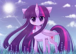 Size: 1024x721 | Tagged: safe, artist:pastelmistress, banned from derpibooru, deleted from derpibooru, derpibooru import, twilight sparkle, twilight sparkle (alicorn), alicorn, pony, :o, blushing, colored pupils, crepuscular rays, ear fluff, female, looking at you, mare, open mouth, solo, windswept mane