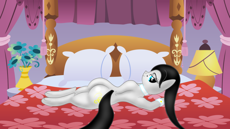 Size: 1280x720 | Tagged: questionable, artist:thepianistmare, banned from derpibooru, deleted from derpibooru, derpibooru import, oc, oc:klavinova, beauty mark, bed, bedroom, bedroom eyes, butt, inviting, looking at you, lying down, plot, sultry pose