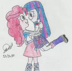 Size: 898x889 | Tagged: safe, artist:resotii, banned from derpibooru, deleted from derpibooru, derpibooru import, pinkie pie, twilight sparkle, equestria girls, blushing, female, holding, lesbian, shipping, traditional art, twinkie, watermark
