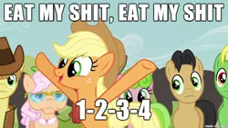 Size: 610x343 | Tagged: suggestive, banned from derpibooru, deleted from derpibooru, derpibooru import, screencap, applejack, caption, eat shit, image macro, implied scat, meme, raise this barn, text, vulgar