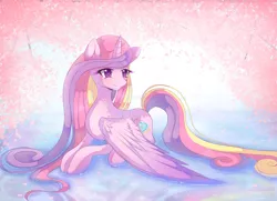 Size: 1280x928 | Tagged: safe, artist:pastelmistress, banned from derpibooru, deleted from derpibooru, derpibooru import, princess cadance, alicorn, pony, awesome, beautiful, cherry blossoms, cute, cutedance, female, flower, flower blossom, mare, pretty, prone, smiling, solo, water