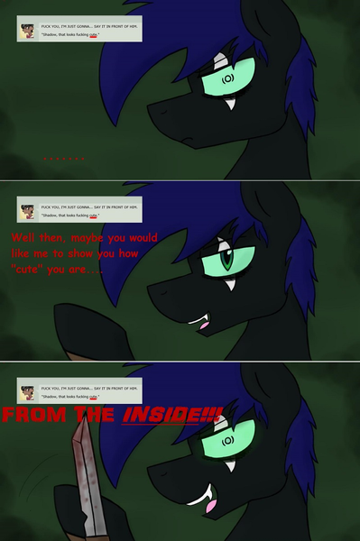 Size: 799x1203 | Tagged: grimdark, questionable, artist:esf-shadow, banned from derpibooru, deleted from derpibooru, derpibooru import, oc, oc:sicarius, unofficial characters only, bat pony, changeling, ask sicarius, fangs, gauntlet, knife, tumblr