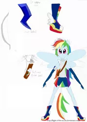 Size: 1093x1528 | Tagged: safe, artist:flight-of-the-moon, banned from derpibooru, deleted from derpibooru, derpibooru import, rainbow dash, equestria girls, archer dash, arrow, bow (weapon), bow and arrow, magical girl, ponied up, solo, weapon