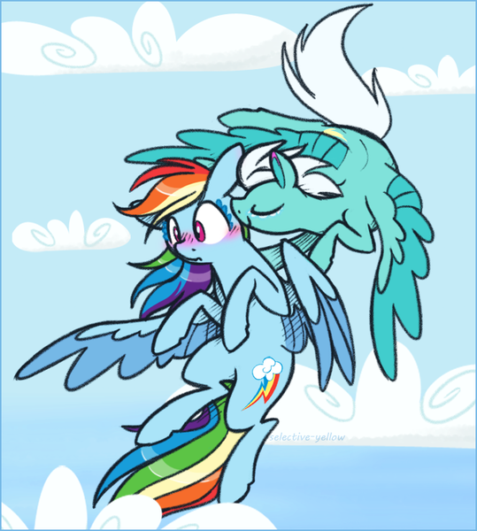 Size: 668x744 | Tagged: safe, artist:selective-yellow, banned from derpibooru, deleted from derpibooru, derpibooru import, fleetfoot, rainbow dash, backwards cutie mark, blushing, cloud, colored wings, colored wingtips, cute, embarrassed, eyelashes, eyes closed, female, fleetdash, flying, frown, lesbian, nuzzling, shipping, wide eyes, wings