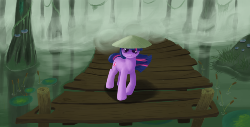 Size: 1000x510 | Tagged: safe, artist:raedrob, banned from derpibooru, deleted from derpibooru, derpibooru import, twilight sparkle, conical hat, hat, solo, swamp