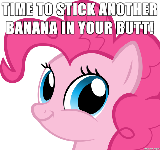 Size: 610x572 | Tagged: suggestive, banned from derpibooru, deleted from derpibooru, derpibooru import, pinkie pie, amazing atheist, banana, caption, drunken peasants, faic, food, image macro, implied anal insertion, implied insertion, meme, smirk, text, the amazing atheist, theamazingatheist, twiface