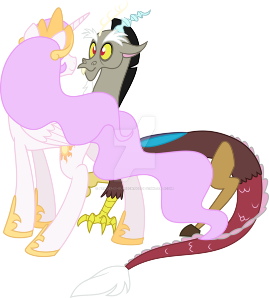 Size: 1024x1136 | Tagged: safe, artist:theartsyemporium, banned from derpibooru, deleted from derpibooru, derpibooru import, discord, princess celestia, dislestia, female, male, pink-mane celestia, shipping, straight, watermark, younger