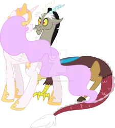 Size: 1024x1136 | Tagged: safe, artist:theartsyemporium, banned from derpibooru, deleted from derpibooru, derpibooru import, discord, princess celestia, dislestia, female, male, pink-mane celestia, shipping, straight, watermark, younger