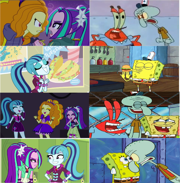 Size: 1024x1043 | Tagged: safe, banned from derpibooru, deleted from derpibooru, derpibooru import, screencap, adagio dazzle, aria blaze, sonata dusk, equestria girls, rainbow rocks, comparison, image, meme, mr. krabs, png, spongebob squarepants, spongebob squarepants (character), squidward tentacles, the dazzlings