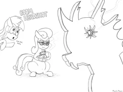 Size: 1890x1417 | Tagged: safe, artist:manual-monaro, banned from derpibooru, deleted from derpibooru, derpibooru import, bon bon, lyra heartstrings, sweetie drops, changeling, belly button, boom headshot, bullet hole, cardboard cutout, dialogue, glasses, gun, gunsmoke, handgun, monochrome, newbie artist training grounds, :o, open mouth, pistol, revolver, secret agent sweetie drops, shooting, sitting, sunglasses, target, weapon, wip