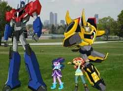 Size: 3260x2428 | Tagged: safe, banned from derpibooru, deleted from derpibooru, derpibooru import, sunset shimmer, twilight sparkle, equestria girls, 1000 hours in ms paint, background pony strikes again, bumblebee, equestria girls in real life, optimus prime, shitposting, stupid, transformers, transformers robots in disguise (2015)