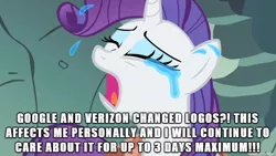 Size: 610x343 | Tagged: safe, banned from derpibooru, deleted from derpibooru, derpibooru import, rarity, caption, crybaby, crying, drama queen, first world problems, google, image macro, meme, overreaction, satire, text, verizon