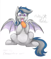 Size: 5235x5999 | Tagged: safe, artist:ashleynicholsart, artist:onnanoko, banned from derpibooru, deleted from derpibooru, derpibooru import, oc, oc:daturea eventide, unofficial characters only, bat pony, pony, absurd resolution, fangs, food, mango, sitting, solo, traditional art
