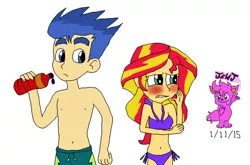 Size: 1024x675 | Tagged: safe, artist:resotii, banned from derpibooru, deleted from derpibooru, derpibooru import, flash sentry, sunset shimmer, belly button, bikini, blushing, clothes, female, flashimmer, male, nipples, nudity, shipping, straight, swim trunks, swimsuit, water bottle