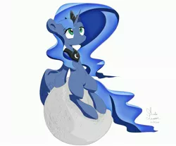 Size: 4044x3349 | Tagged: safe, artist:ando, banned from derpibooru, deleted from derpibooru, derpibooru import, princess luna, missing accessory, moon, simple background, solo, tangible heavenly object