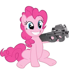 Size: 6154x6712 | Tagged: safe, artist:gifibaka, banned from derpibooru, deleted from derpibooru, derpibooru import, pinkie pie, grin, gun, hoof hold, p90, ponies with guns, sitting, smiling, solo, weapon