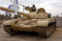 Size: 1500x996 | Tagged: safe, artist:gifibaka, banned from derpibooru, deleted from derpibooru, derpibooru import, maud pie, human, pony, cannon, cyrillic, iraq, iraqi army, irl, photo, ponies in real life, russian, sitting, tank (vehicle)
