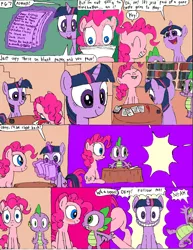 Size: 1700x2200 | Tagged: safe, artist:freepi, banned from derpibooru, deleted from derpibooru, derpibooru import, pinkie pie, spike, twilight sparkle, dragon, earth pony, pony, unicorn, comic:pinkie pies lesson, blushing, comic, female, golden oaks library, grimdark source, grin, lip bite, male, mare, sitting, smiling, teleportation