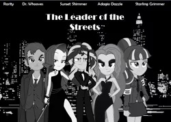 Size: 753x535 | Tagged: safe, artist:atisuto17, banned from derpibooru, deleted from derpibooru, derpibooru import, adagio dazzle, doctor whooves, rarity, starlight glimmer, time turner, equestria girls, 50's, detective, female, gangster, mafia, misspelling, monochrome, movie poster, noir, vector, wallpaper
