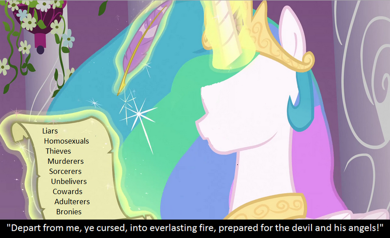 Size: 889x542 | Tagged: safe, banned from derpibooru, deleted from derpibooru, derpibooru import, screencap, princess celestia, anti-brony, attention horse, caption, crystal empire, evil celestia, god, homophobia, jack chick, meta, no face, obvious troll, obvious troll is obvious, quill, scroll, solo