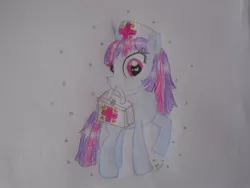 Size: 1024x768 | Tagged: safe, artist:snails-flowers, banned from derpibooru, deleted from derpibooru, derpibooru import, mystery mint, ponified, pony, unicorn, female, looking at you, nurse, raised hoof, solo, traditional art