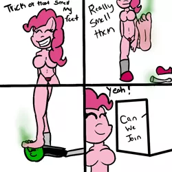 Size: 800x800 | Tagged: suggestive, artist:joejoekk, banned from derpibooru, deleted from derpibooru, derpibooru import, pinkie pie, oc, oc:anon, anthro, human, 1000 hours in ms paint, clothes, comic, crappy art, face, feet, fetish, foot fetish, nasty, or, quality, shoes, smelly, socks, treat, trick, visible stench