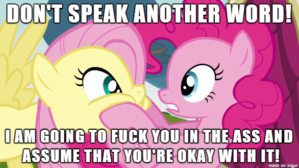 Size: 610x343 | Tagged: questionable, banned from derpibooru, deleted from derpibooru, derpibooru import, fluttershy, pinkie pie, caption, image macro, implied anal, implied sex, meme, possible rape, text