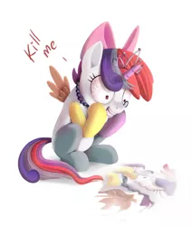 Size: 1100x1300 | Tagged: source needed, semi-grimdark, artist:ponykillerx, banned from derpibooru, deleted from derpibooru, derpibooru import, apple bloom, diamond tiara, scootaloo, silver spoon, sweetie belle, oc, oc:diapplootiespoon, unofficial characters only, bloodshot eyes, crying, diapplootiespoon, fusion, kill me, not salmon, ponytron, puddle, reflection, simple background, swootiara spoonbloom, wat, we have become one, what has science done, white background